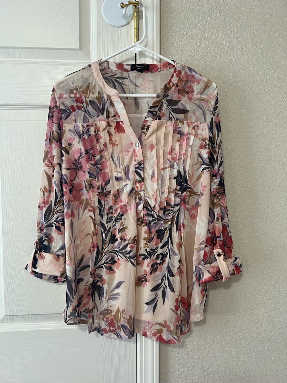 Cocomo Women’s XL Floral Mesh Blouse Roll Tab Sleeve Pleated Tunic Top
